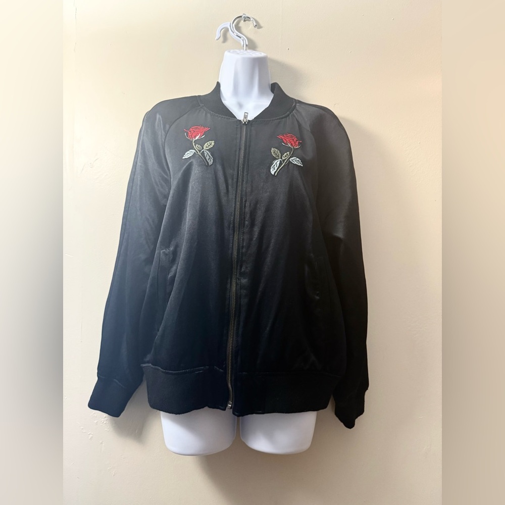 Kendall & Kylie Black Bomber with Red Rose Detail